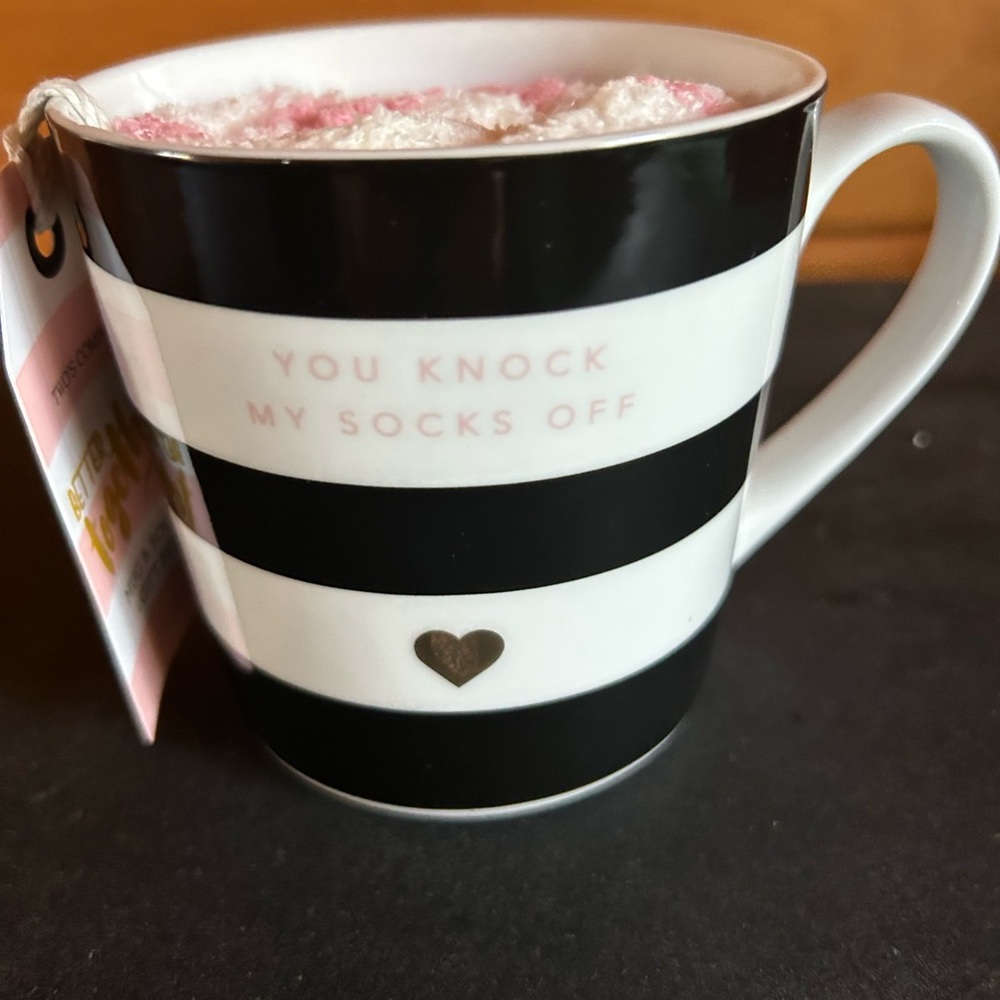 Striped Mug " You Knock my Socks Off " with  White 💟 Heart and Pink Socks